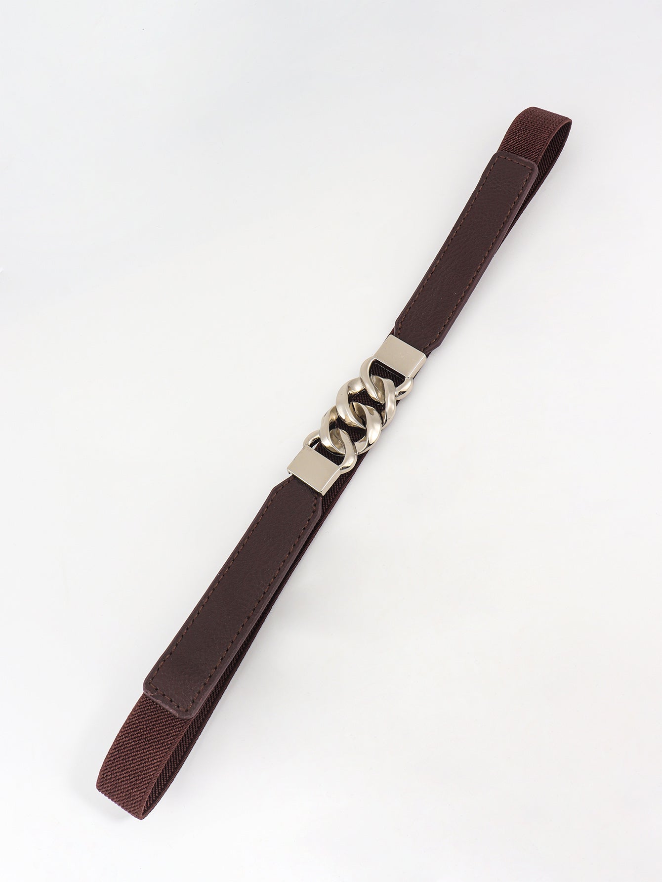 Chocolate and silver chain detail faux leather elastic belt