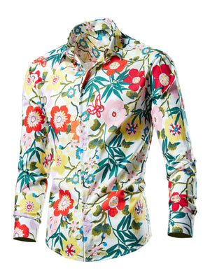 Men's long sleeve button-down shirt with tropical floral print on white cotton.