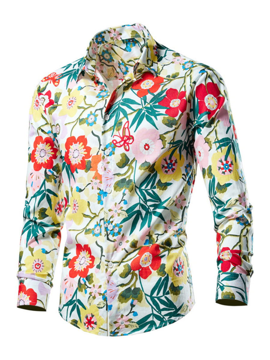 Men's long sleeve button-down shirt with tropical floral print on white cotton.