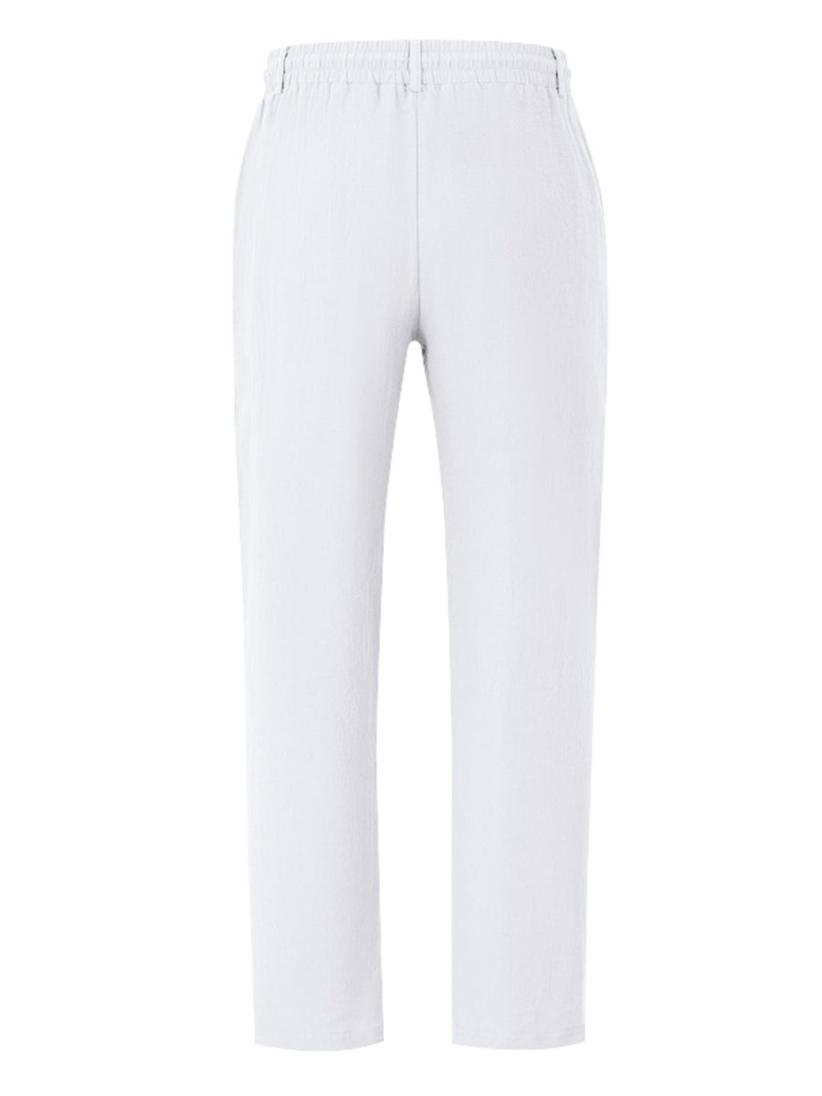 Men's white loose fit sweatpants with drawstring waist and straight leg.