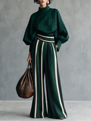 blouse and wide-leg pants set in Light Blue with pocketed and hip-length, full-length