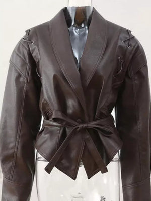Dark Brown with Belted Leather Jacket With Shawl Collar