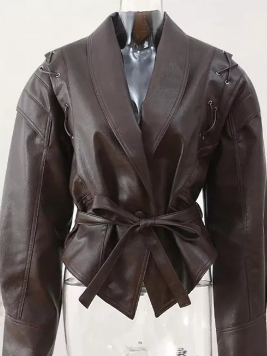 Dark Brown with Belted Leather Jacket With Shawl Collar