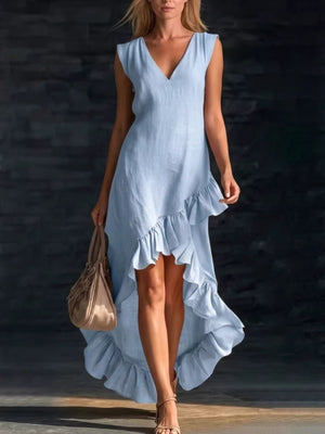 Light blue ruffled high-low hem dress with V-neck and sleeveless design.