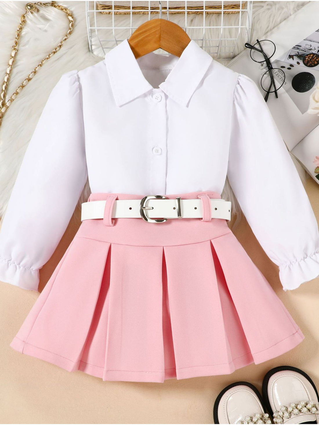 Toddler long sleeve collared shirt and pink pleated skirt set with white belt
