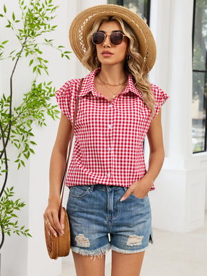 Black Plaid Button Up Cap Sleeve Shirt