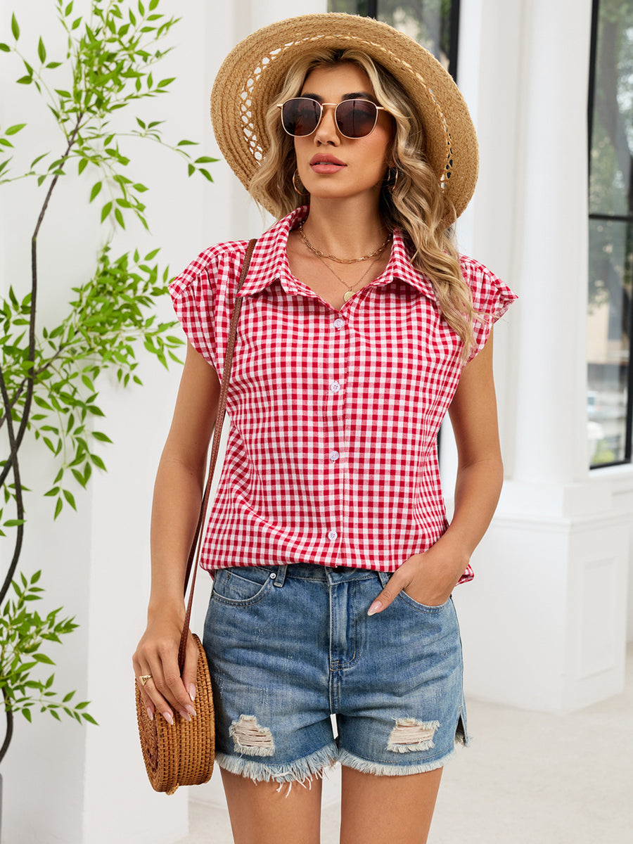 Black Plaid Button Up Cap Sleeve Shirt