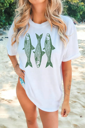White cotton crew neck t-shirt with a distinctive green fish graphic print.