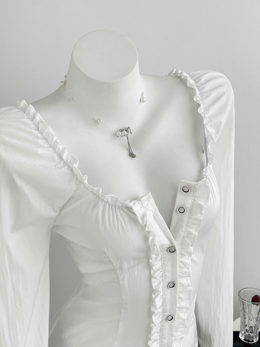white blouse with frill and long sleeve