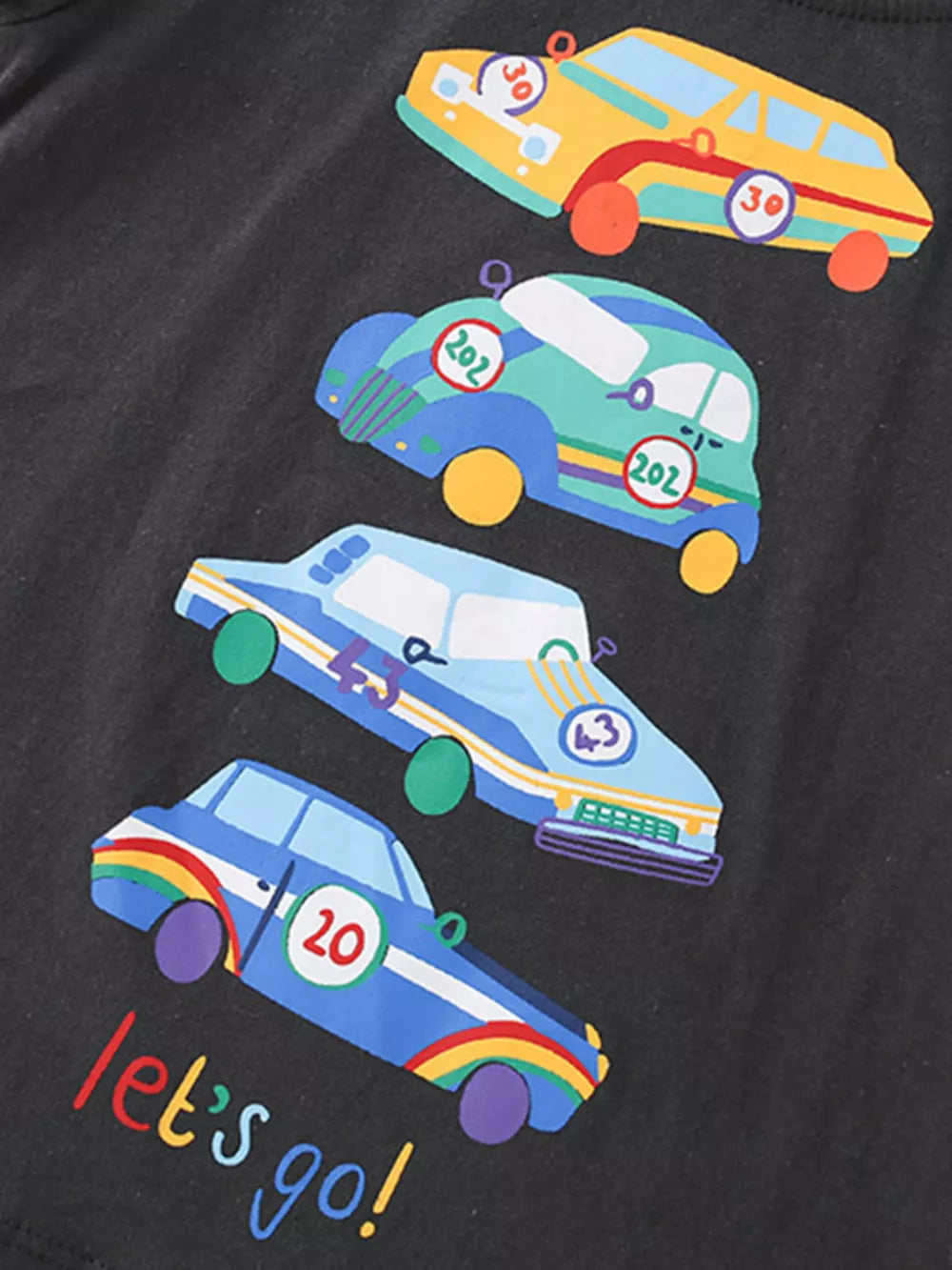 Black cotton blend t-shirt with colorful racing car graphic and "let's go!" text.