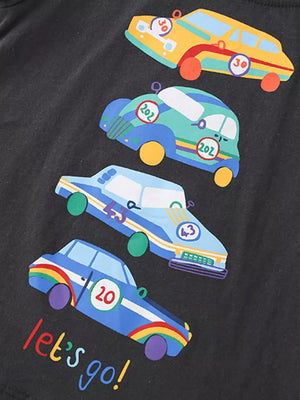 Black cotton blend t-shirt with colorful racing car graphic and "let's go!" text.