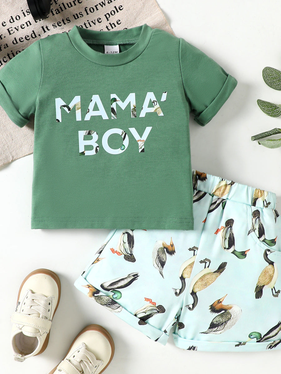 Green graphic tee with Mama's Boy text and duck print shorts set