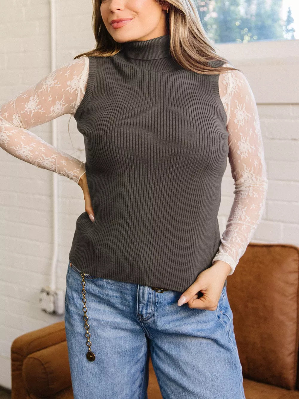 charcoal sweater vest with ribbed and turtleneck