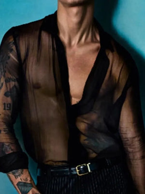 Black sheer silk button-down shirt with a deep V-neck and long sleeves.