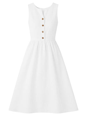White button front midi dress with a-line skirt and V-neckline