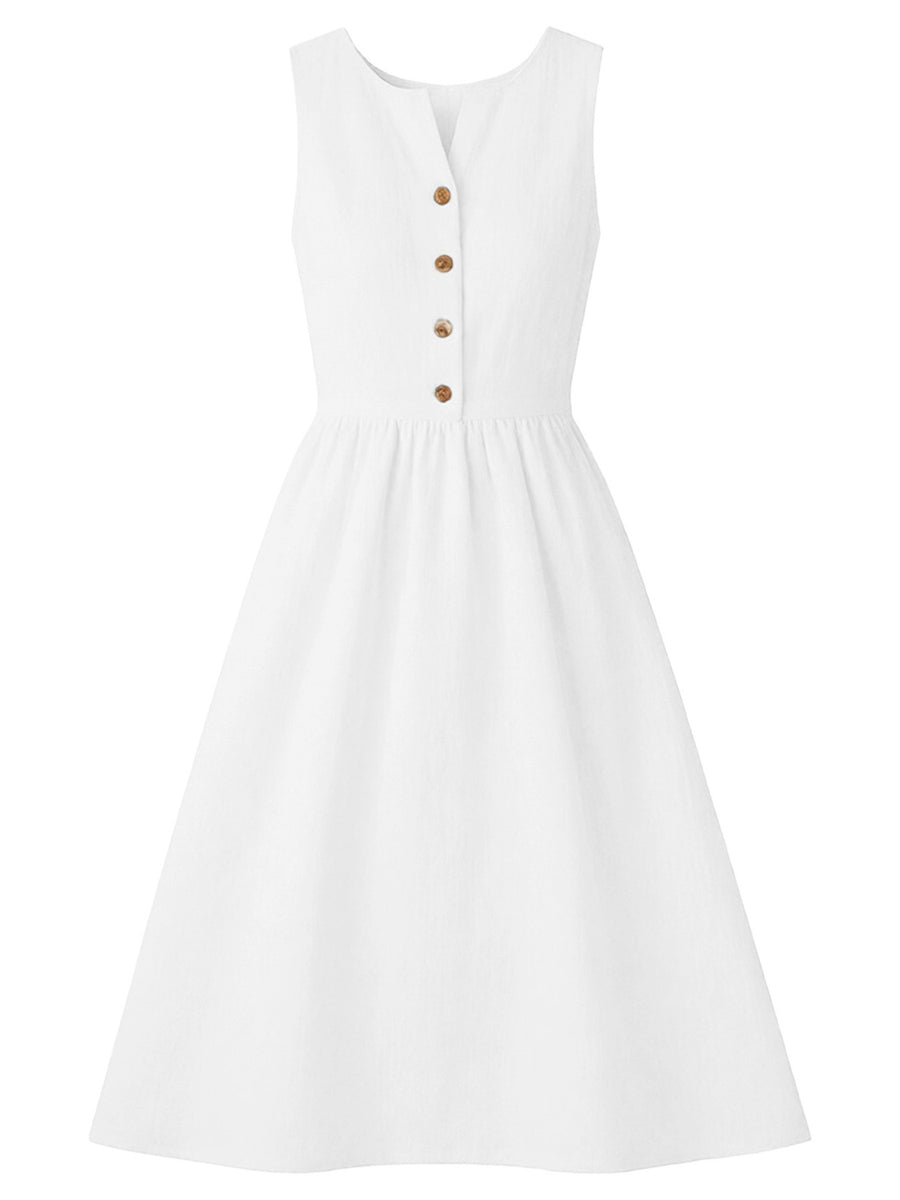 White button front midi dress with a-line skirt and V-neckline