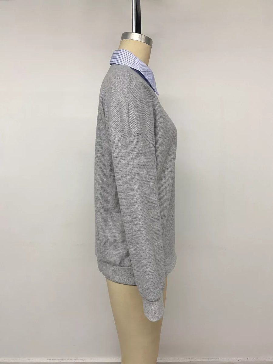 Striped Collar Dropped Shoulder Sweatshirt in light gray