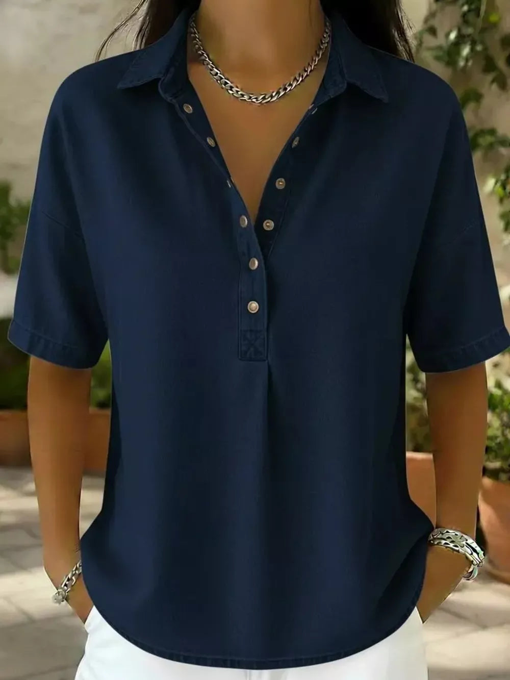 Sky Blue Snap Down Short Sleeve Blouse