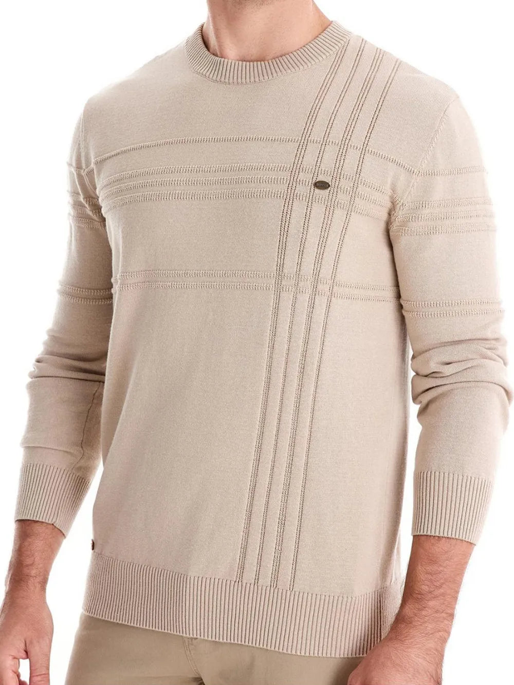 Textured crewneck knit sweater in Dust Storm with horizontal and vertical ribbed panel details.