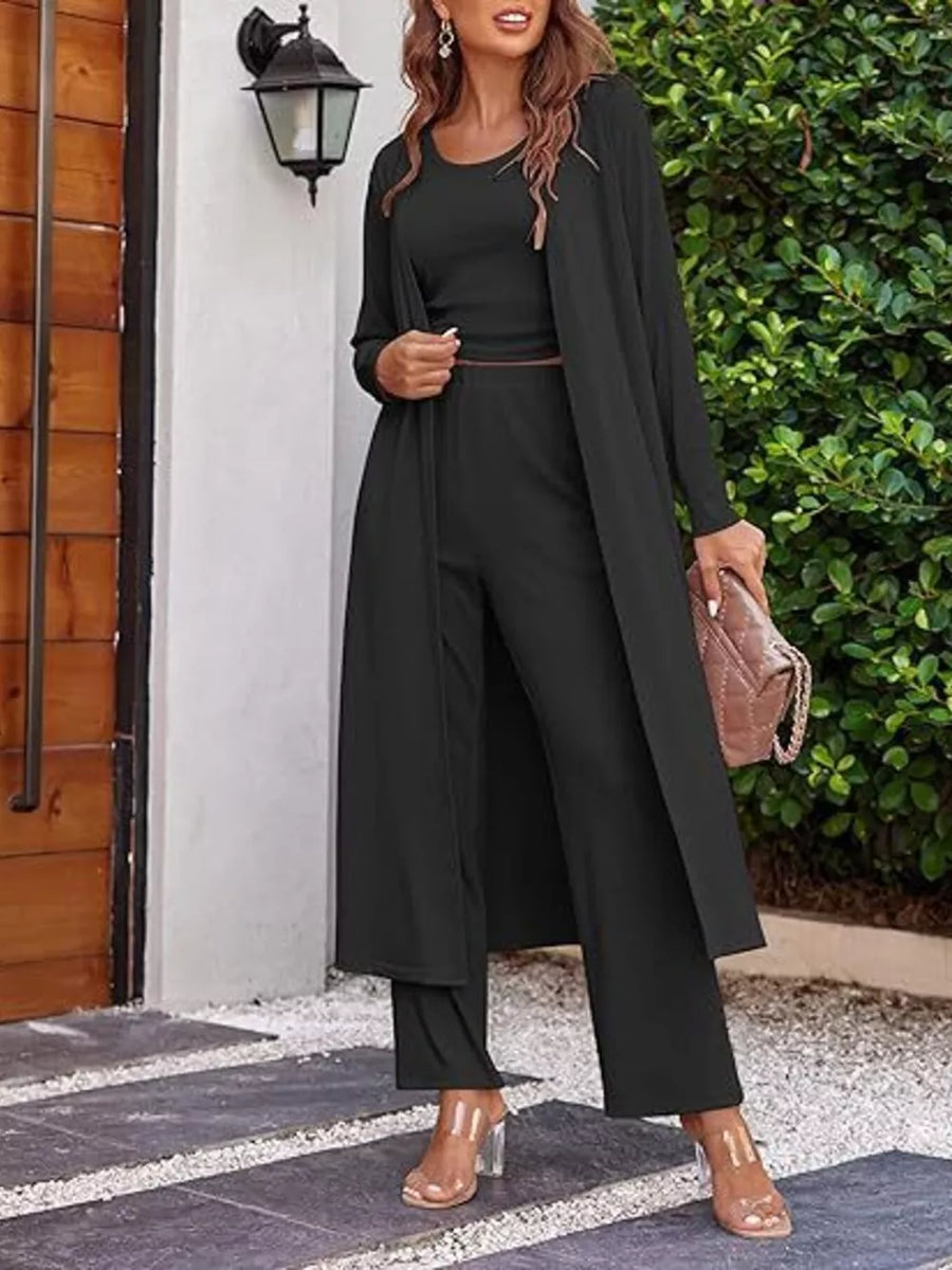 Pink Round Neck Tank Cardigan Pants Set
