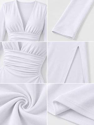 White bodycon dress with ruched and long sleeve