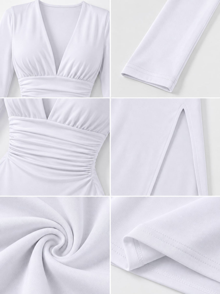 White bodycon dress with ruched and long sleeve