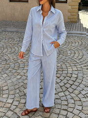 white pajama set featuring collared and striped