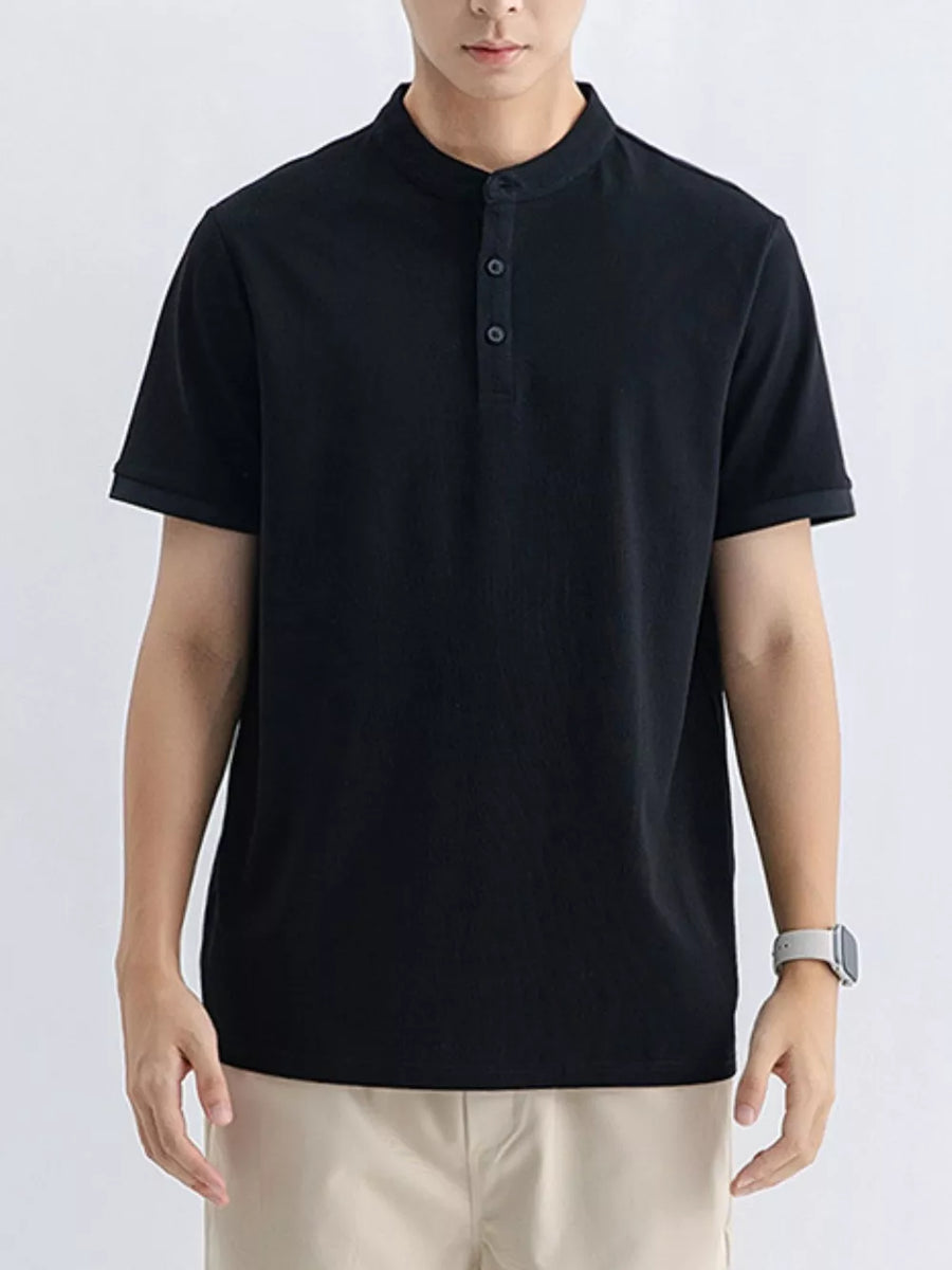Black cotton t-shirt with Mandarin collar and button placket, short sleeves.