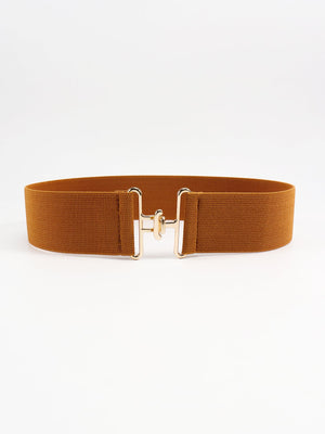 Caramel elastic belt with sculpted gold buckle