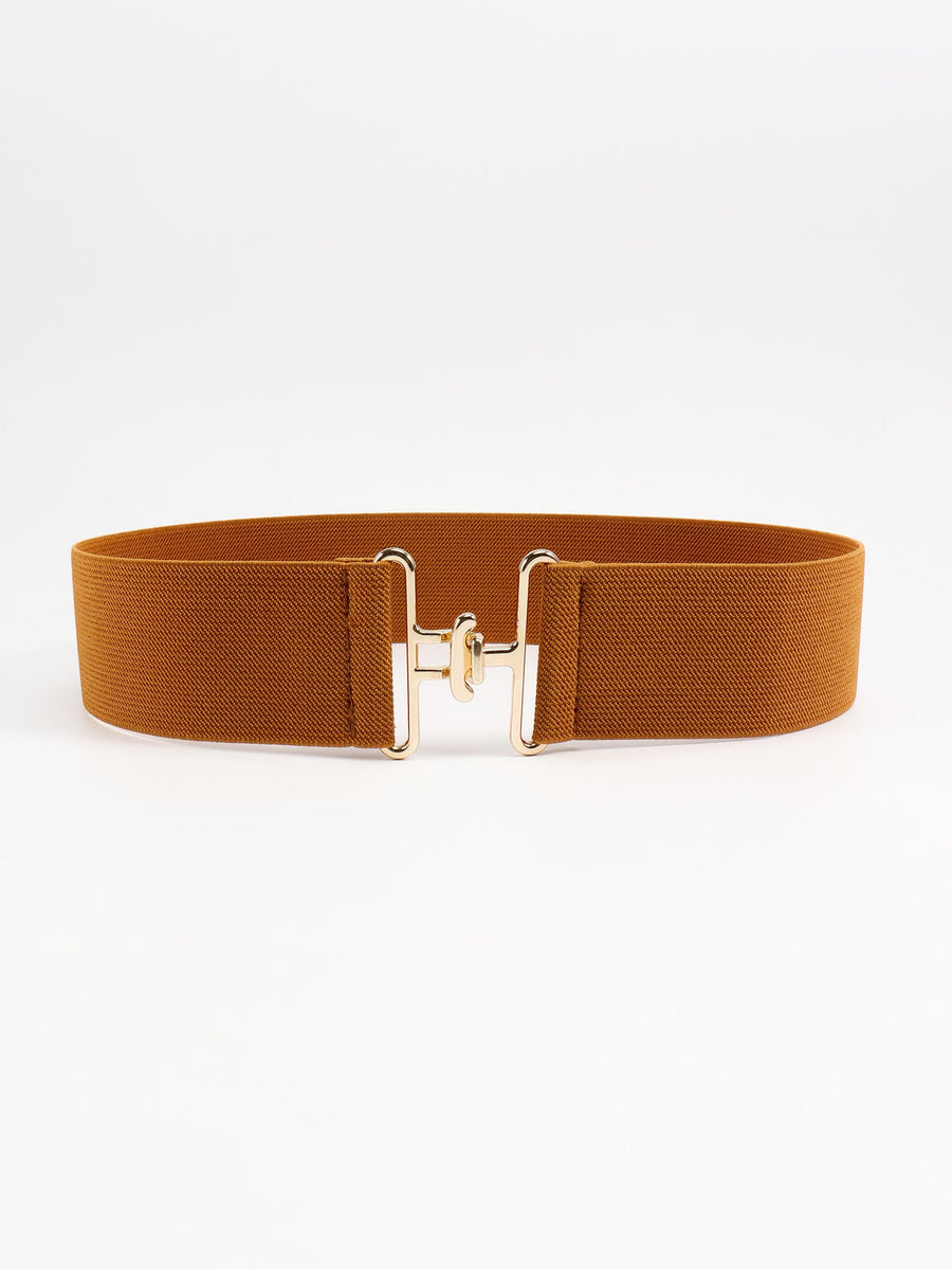 Caramel elastic belt with sculpted gold buckle