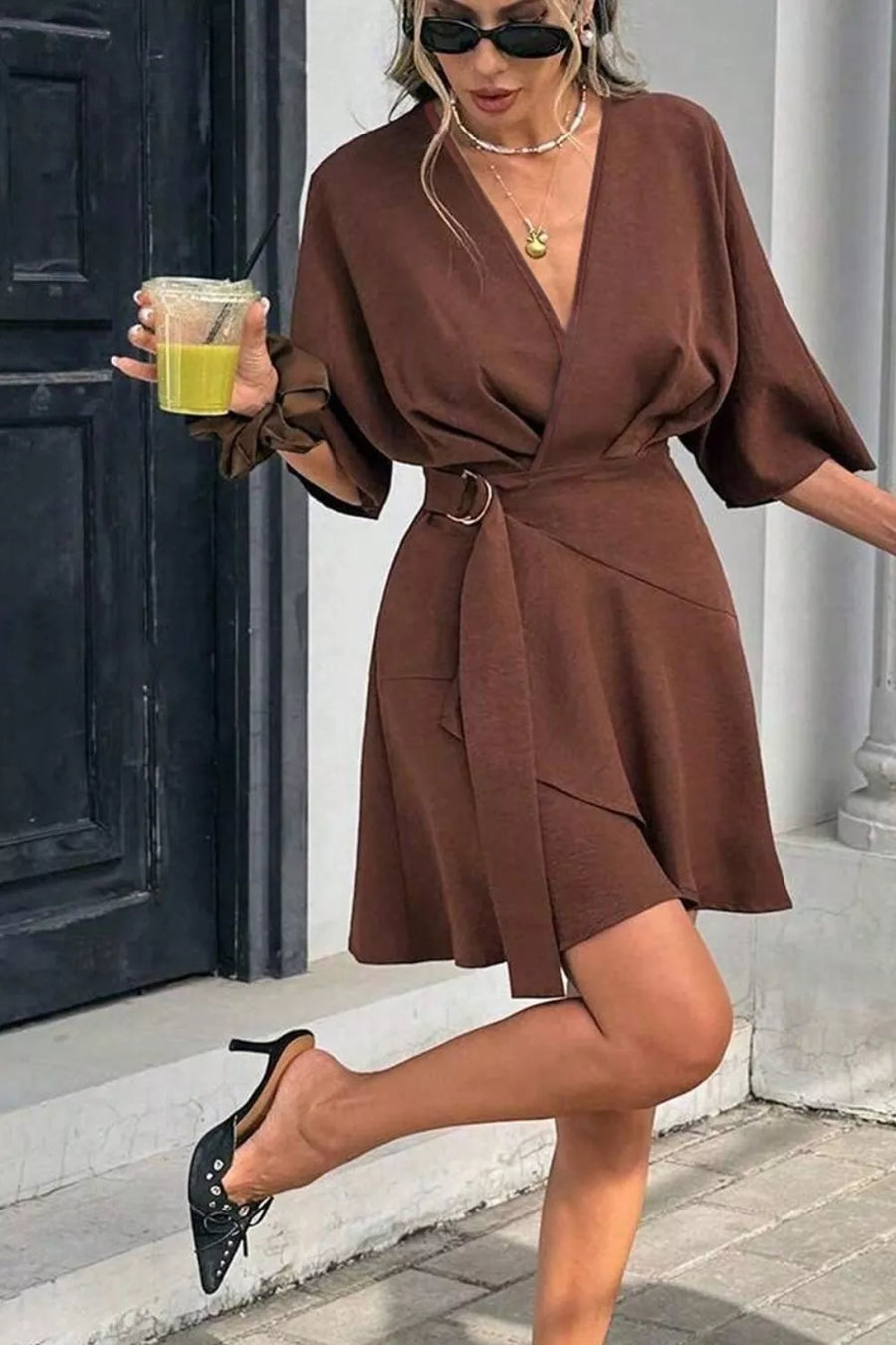 Burgundy with Surplice Half Sleeve Mini Dress