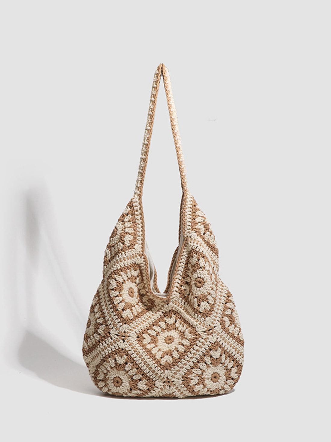 light beige Polyester Imported Size &amp handbag with granny square and open top