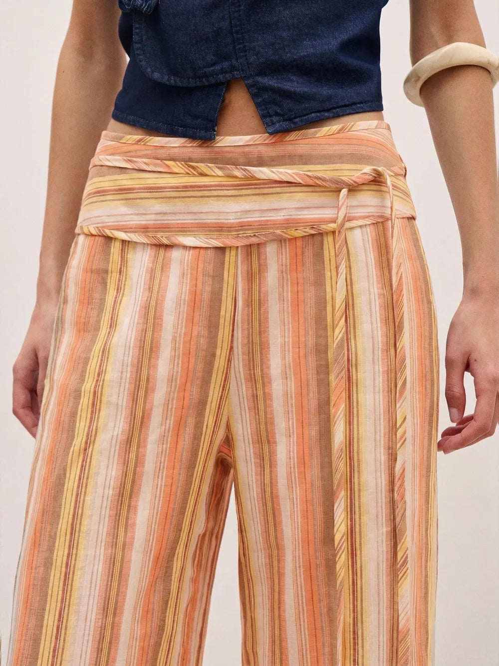 Light Green Striped Wide-leg Pants With Tie Waist