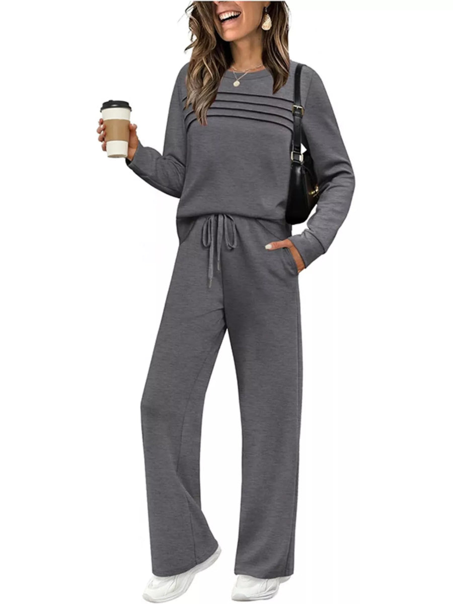 Gray casual long-sleeve top and pants set with drawstring waist and striped detail