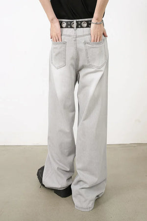 Bleached wash gray denim wide-leg trousers with a relaxed fit.