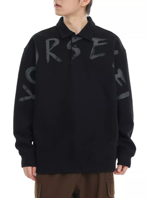 Black oversized polo sweatshirt with gray graphic letter print on chest and sleeves