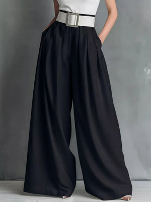 Black belted high-waisted wide-leg maternity pants with a decorative buckle.