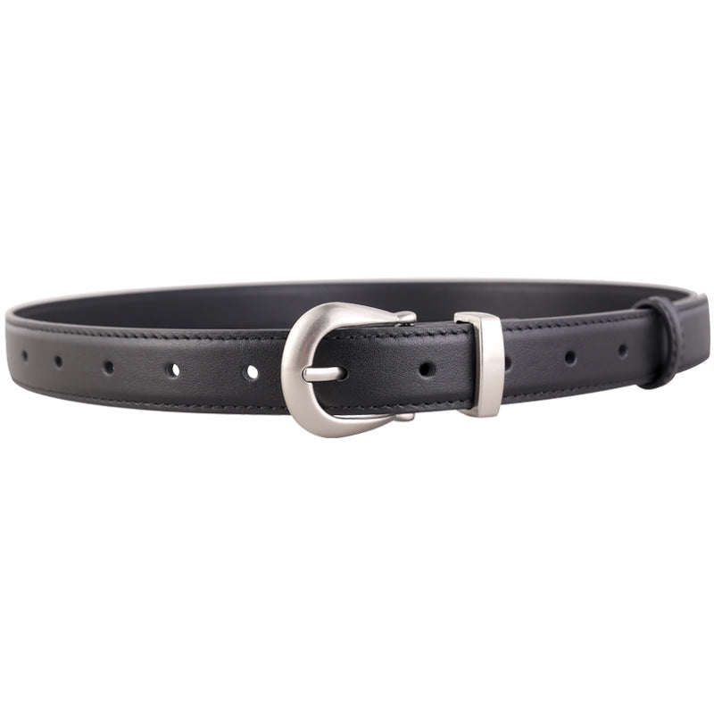 Black cowhide leather belt with silver buckle and adjustable holes