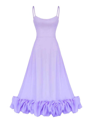 Lavender midi dress with spaghetti straps and a ruffled hem.