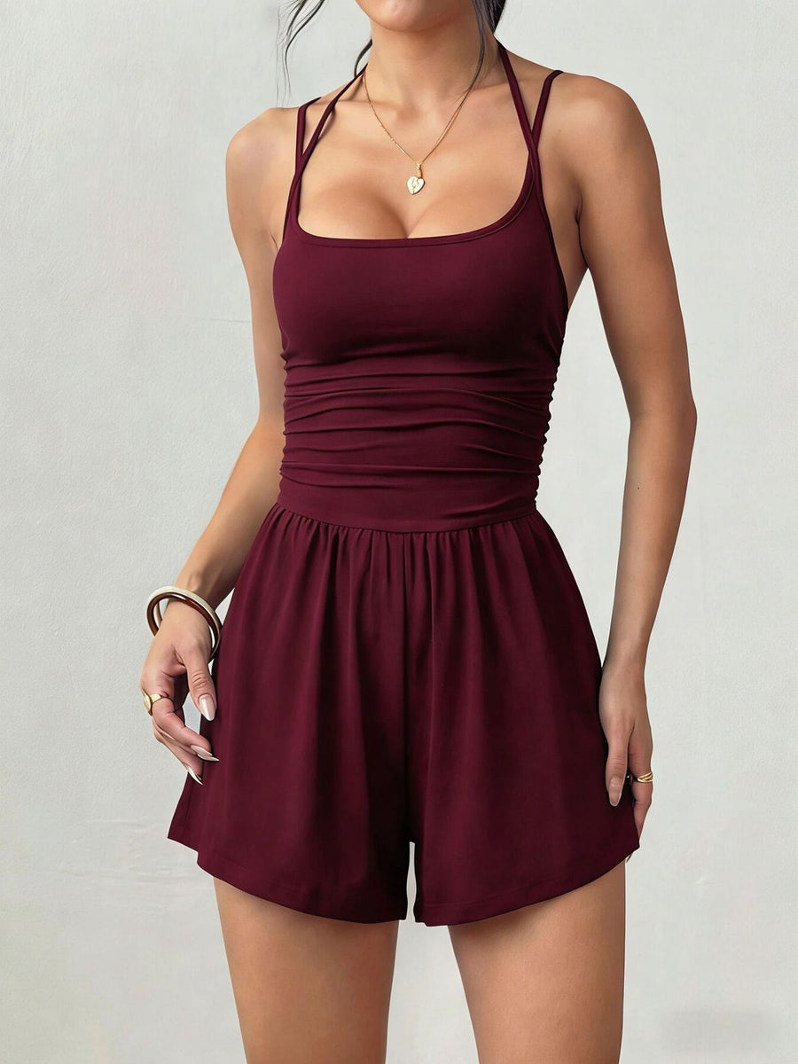 Pink fitted romper with square neck