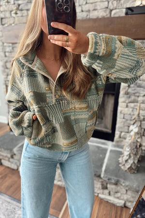 Moss with Western Print Fleece Long Sleeve Sweatshirt