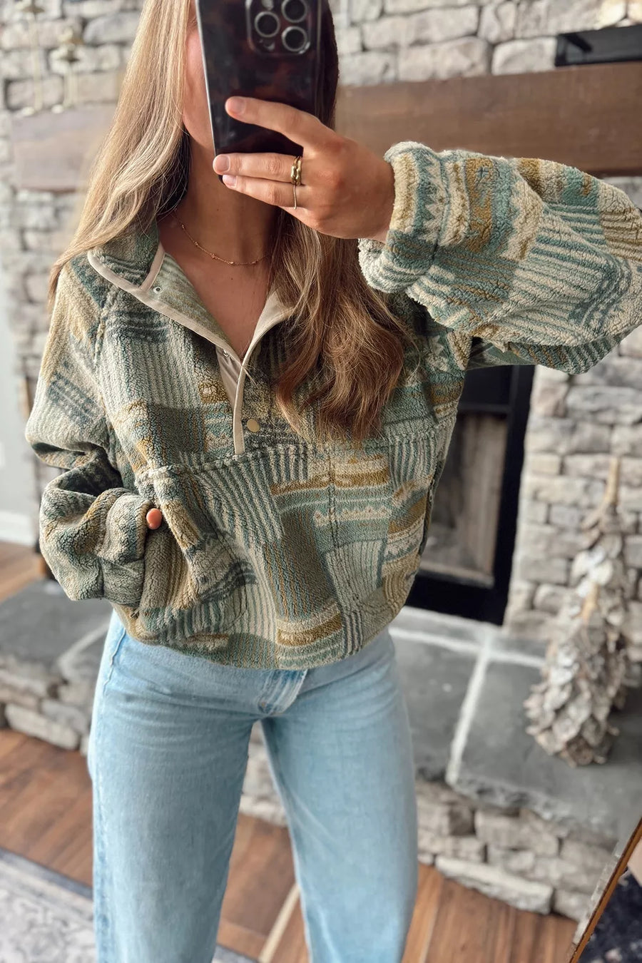 Moss with Western Print Fleece Long Sleeve Sweatshirt
