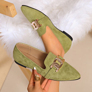 Pointed-Toe Suede Loafers With Chain Detail in Pink with pointed-toe
