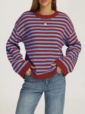 pullover sweater in Red And Blue with striped and ribbed