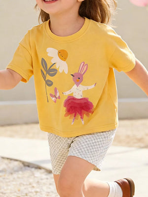 Yellow cotton tee with bunny graphic and checkered shorts set for baby girls.
