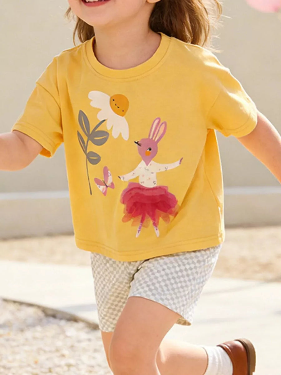 Yellow cotton tee with bunny graphic and checkered shorts set for baby girls.