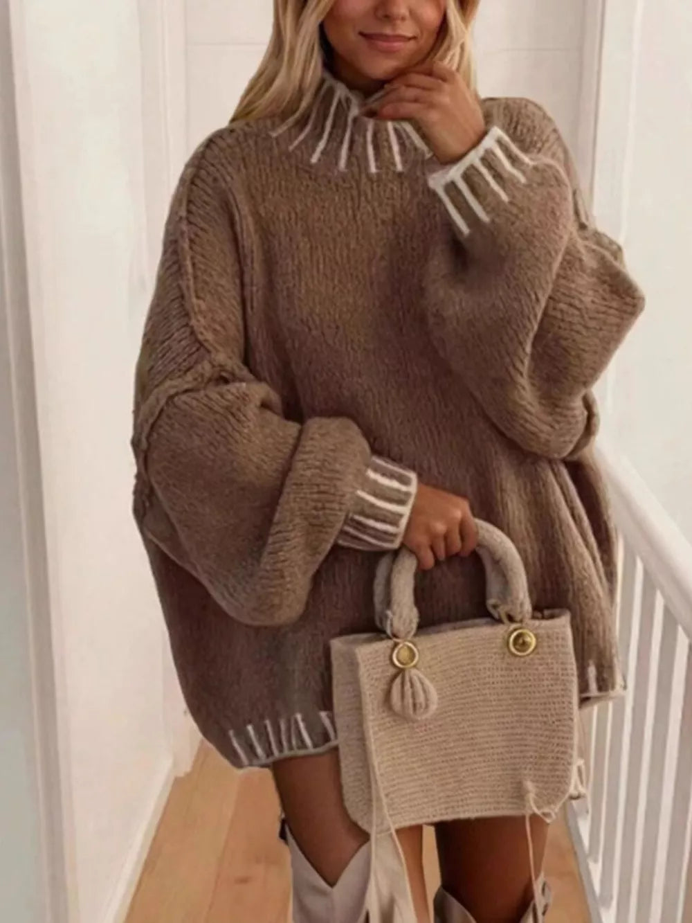 Deep Khaki Contrast Trim Chunky Knit Sweater