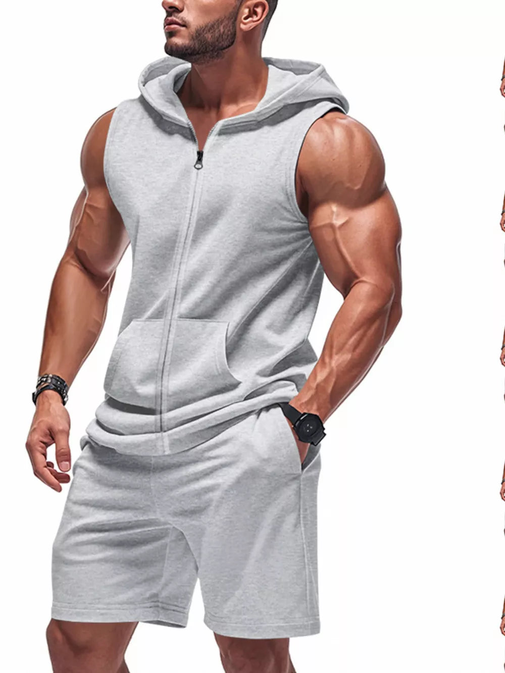 Light gray sleeveless zip-up hoodie with kangaroo pocket and matching shorts.