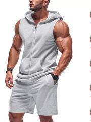 Light gray sleeveless zip-up hoodie with kangaroo pocket and matching shorts.