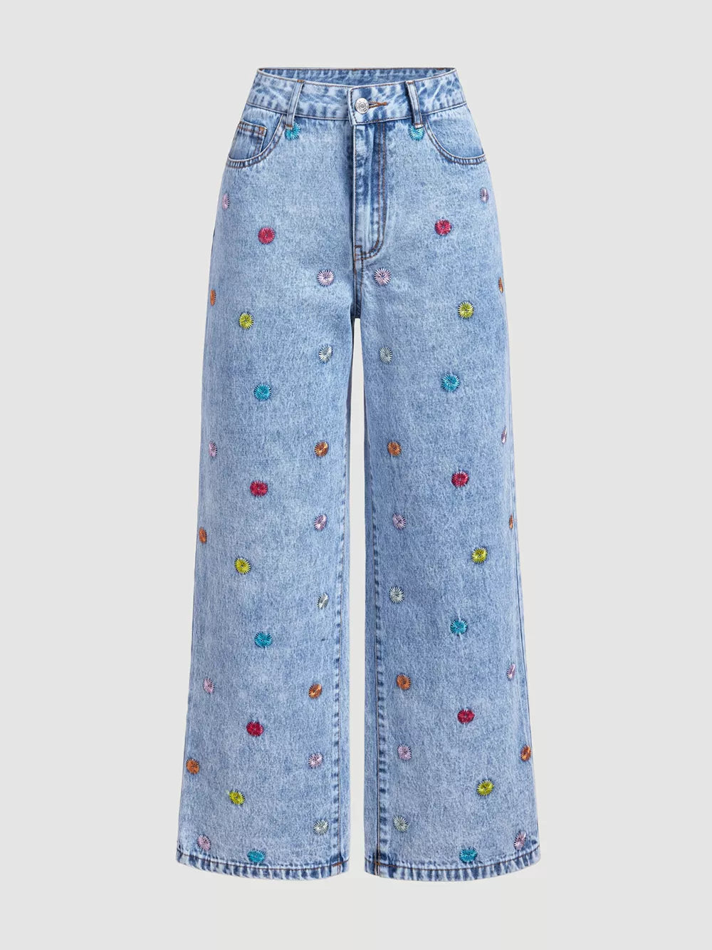 wide-leg jeans in light blue denim featuring buttoned and wide-leg fit